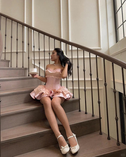 Princess Pink Strapless Sweetheart Neck Satin A-Line 17th Birthday Homecoming Dress P3517