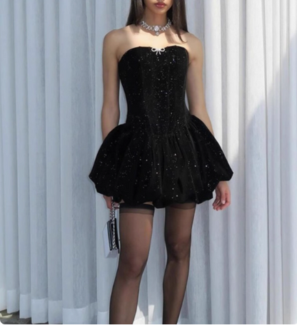 Sparkling Strapless Black Sequined Princess Mini 17th Birthday Homecoming Dress P3524