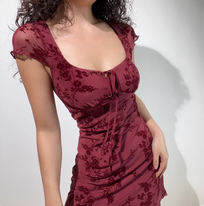 Retro Sexy Square Neck Printed Ruffled Burgundy 19th Birthday Homecoming Dress P3527