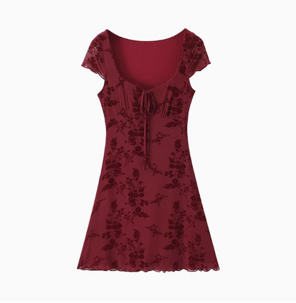 Retro Sexy Square Neck Printed Ruffled Burgundy 19th Birthday Homecoming Dress P3527