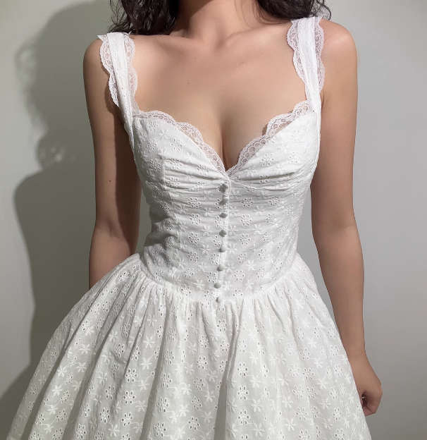 Sweet Lace Edge Hollow Embroidery V-neck White Puffy Homecoming Dress P3528