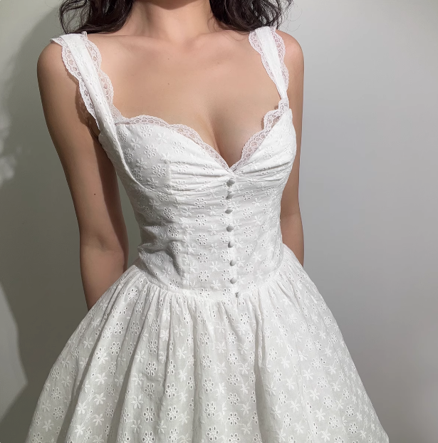 Sweet Lace Edge Hollow Embroidery V-neck White Puffy Homecoming Dress P3528