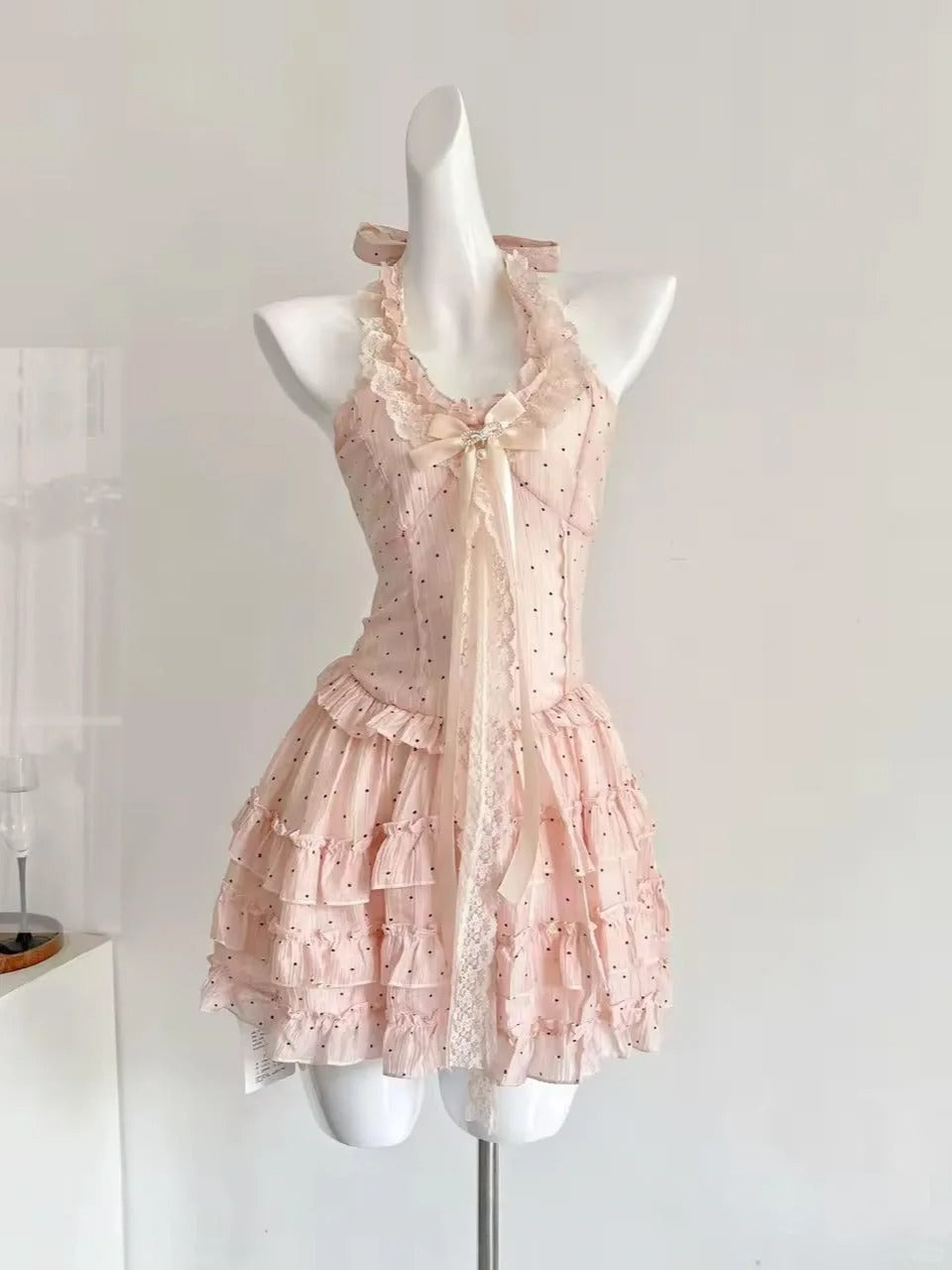 Cute Pink Polka Dot Halter Neck A-Line Mini 16th Birthday Homecoming Dress P3533