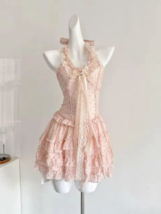 Cute Pink Polka Dot Halter Neck A-Line Mini 16th Birthday Homecoming Dress P3533