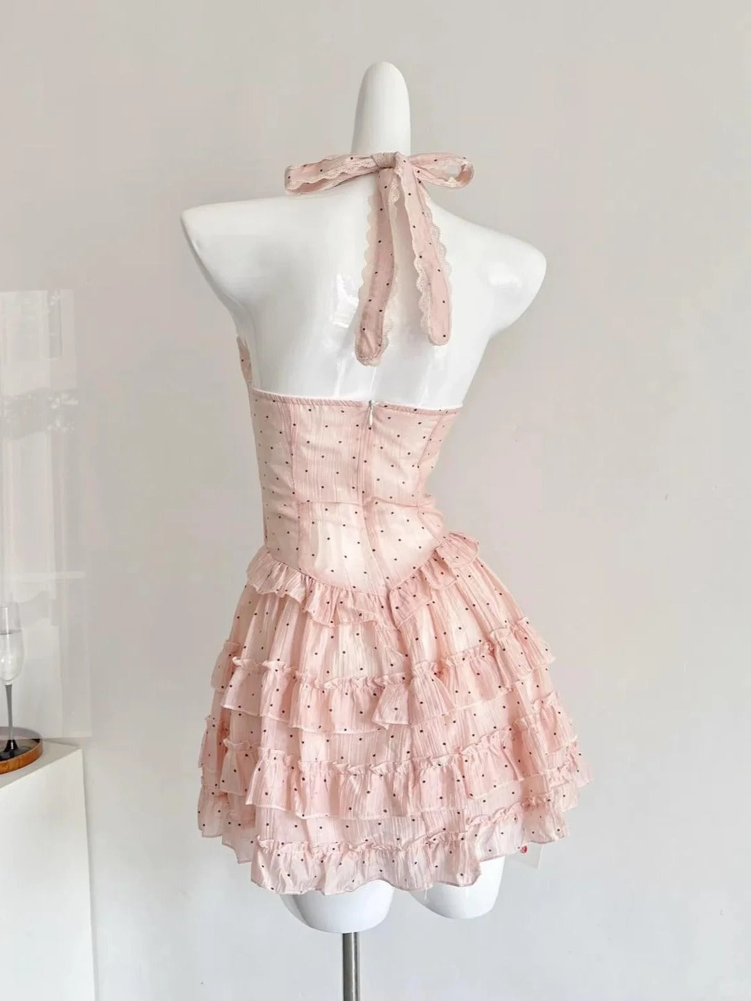 Cute Pink Polka Dot Halter Neck A-Line Mini 16th Birthday Homecoming Dress P3533