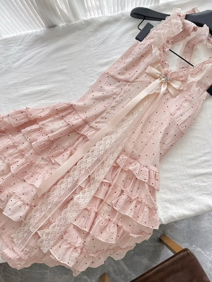 Cute Pink Polka Dot Halter Neck A-Line Mini 16th Birthday Homecoming Dress P3533