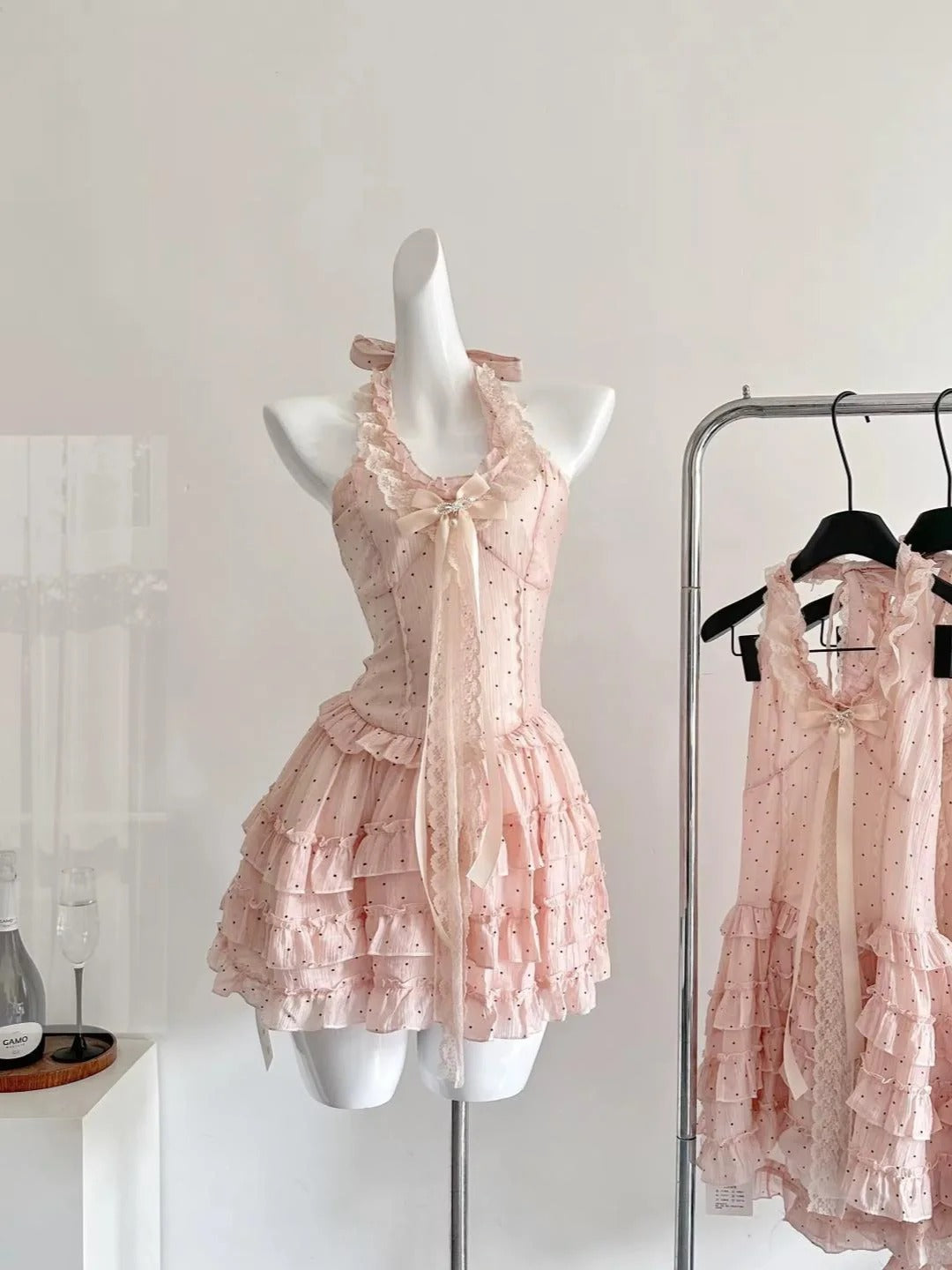 Cute Pink Polka Dot Halter Neck A-Line Mini 16th Birthday Homecoming Dress P3533