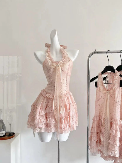 Cute Pink Polka Dot Halter Neck A-Line Mini 16th Birthday Homecoming Dress P3533