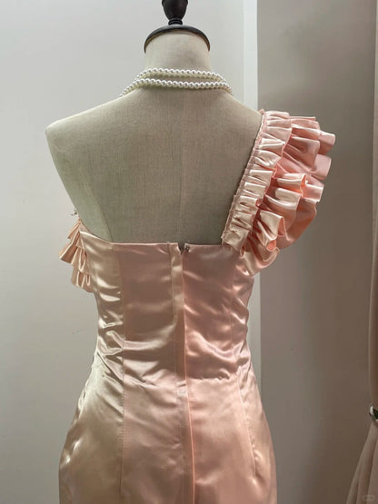 Cute Pink Off-shoulder Satin Tight-fitting Hip 17th Birthday Homecoming Dress P3536