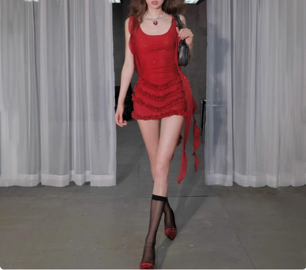 Sexy Glittering Ruffled Ribbon Sling Fungus Pleated Hip Wrap 17th Birthday Homecoming Dress P3548