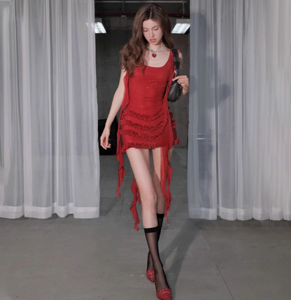 Sexy Glittering Ruffled Ribbon Sling Fungus Pleated Hip Wrap 17th Birthday Homecoming Dress P3548