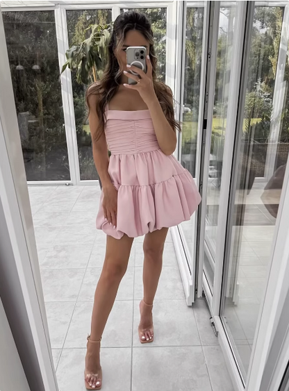 Cute Sweet Pink Pleated Sling Puffy Bud 17th Birthday Homecoming Dress P3550