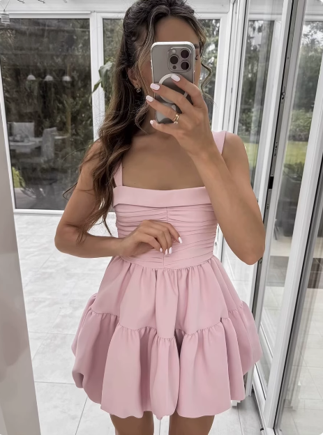 Cute Sweet Pink Pleated Sling Puffy Bud 17th Birthday Homecoming Dress P3550