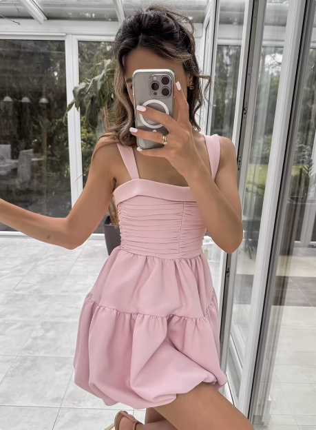 Cute Sweet Pink Pleated Sling Puffy Bud 17th Birthday Homecoming Dress P3550