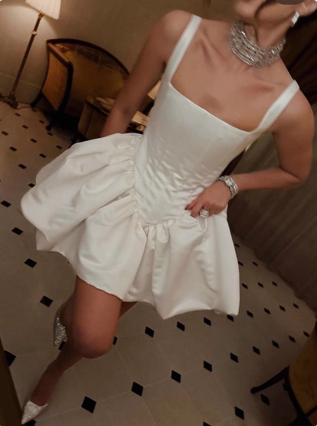 French Style White Fluffy Bud Sling 17th Birthday Homecoming Dress P3551