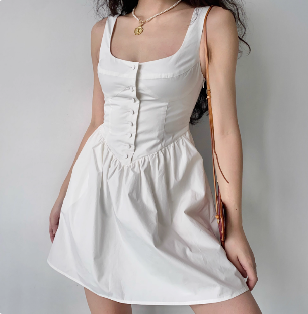 Retro Palace Style White Bud Buttoned Square Collar Sleeveless A-line Homecoming Dress P3554