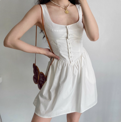 Retro Palace Style White Bud Buttoned Square Collar Sleeveless A-line Homecoming Dress P3554