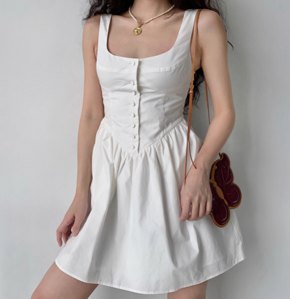 Retro Palace Style White Bud Buttoned Square Collar Sleeveless A-line Homecoming Dress P3554