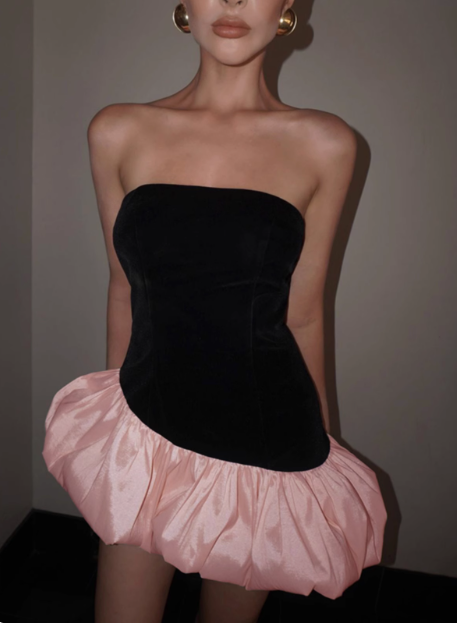 Retro Contrast Color Stitching Tube Top Flower Bud Mini 17th Birthday Homecoming Dress P3556