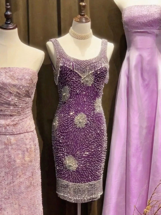Charming Purple Heavy Work Luxury Beaded Slim Fit 17th Birthday Homecoming Dress P3560