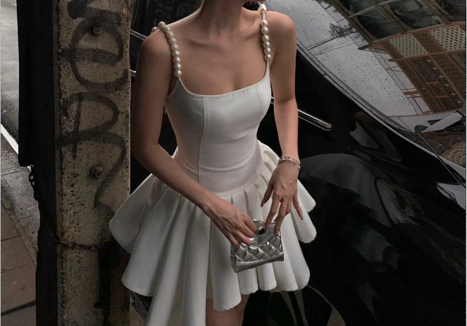 Cute Pearl Strap Square Neck Irregular Skirt 17th Birthday Homecoming Dress P3561