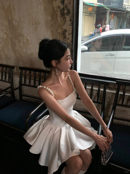 Cute Pearl Strap Square Neck Irregular Skirt 17th Birthday Homecoming Dress P3561