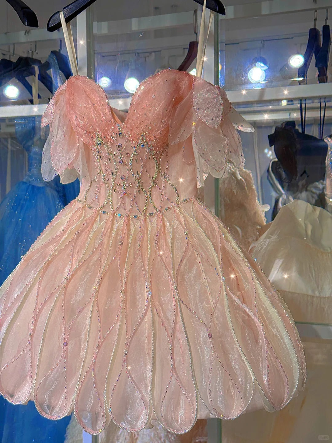 Shiny Pink Beaded Sling Petal Skirt Princess 17th Birthday Homecoming Dress P3564