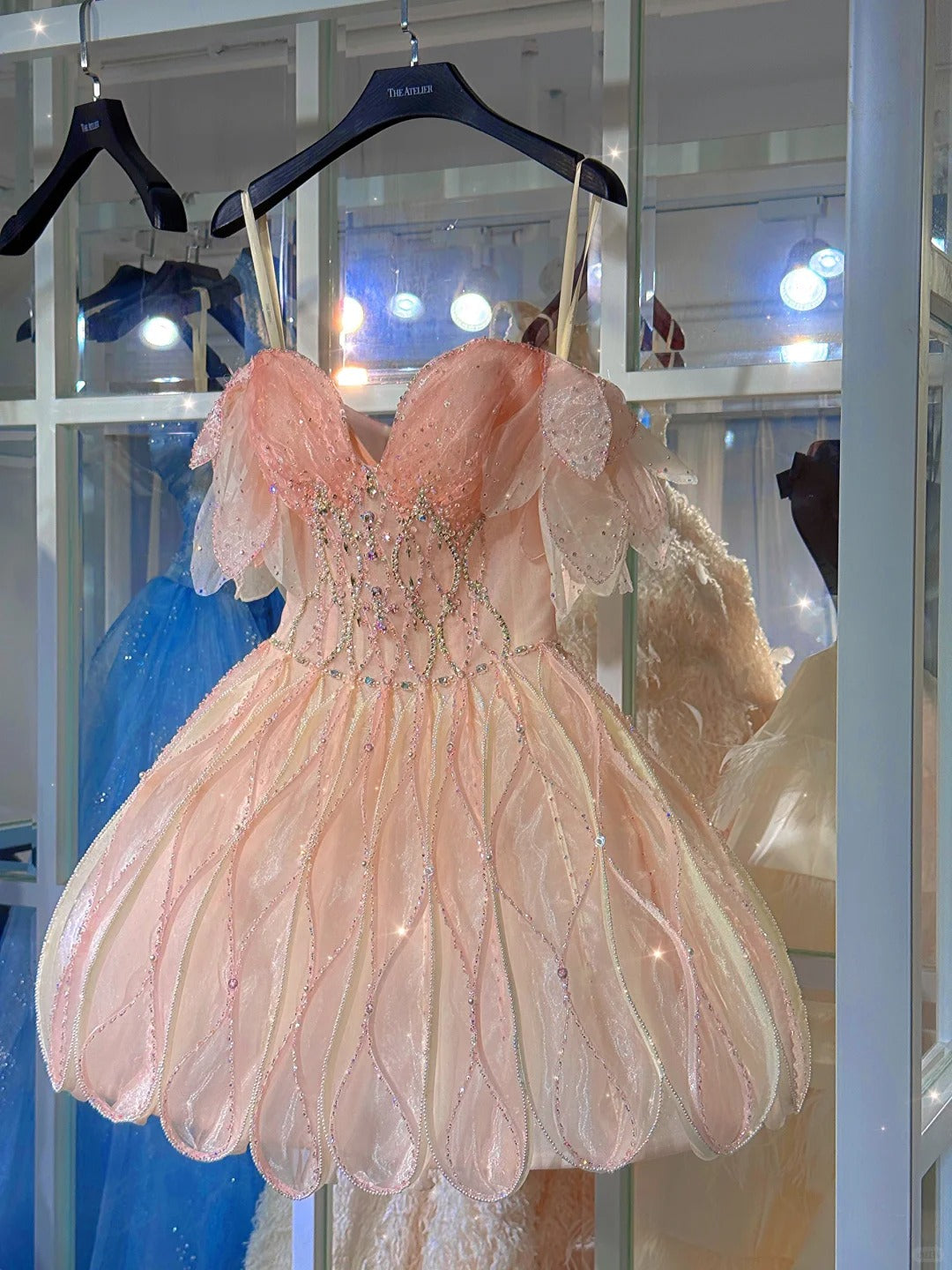 Shiny Pink Beaded Sling Petal Skirt Princess 17th Birthday Homecoming Dress P3564