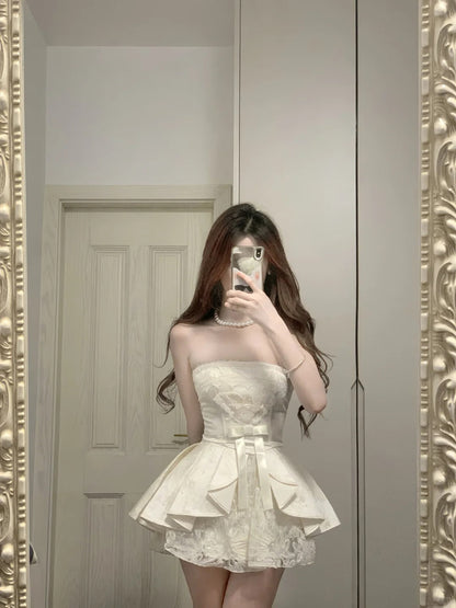 Sweet Tube Top Bow Lace Waist Mini 17th Birthday Homecoming Dress P3567