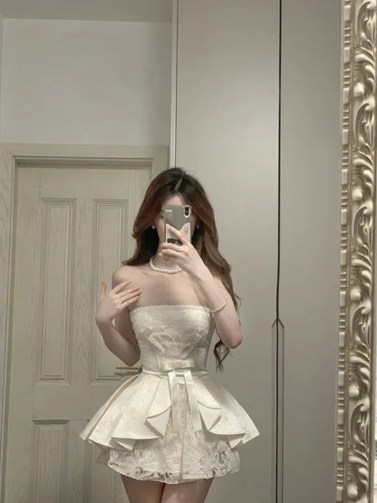 Sweet Tube Top Bow Lace Waist Mini 17th Birthday Homecoming Dress P3567