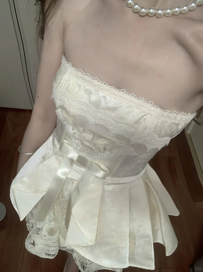 Sweet Tube Top Bow Lace Waist Mini 17th Birthday Homecoming Dress P3567