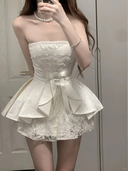 Sweet Tube Top Bow Lace Waist Mini 17th Birthday Homecoming Dress P3567