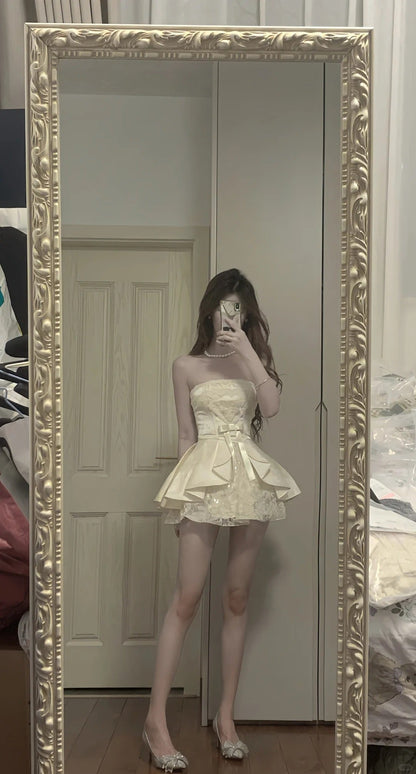 Sweet Tube Top Bow Lace Waist Mini 17th Birthday Homecoming Dress P3567