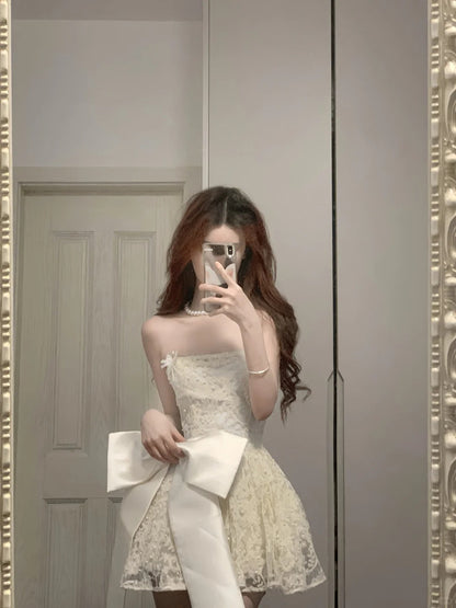 Cute Lace Pearl Bow Strapless A-Line Mini 17th Birthday Homecoming Dress P3570