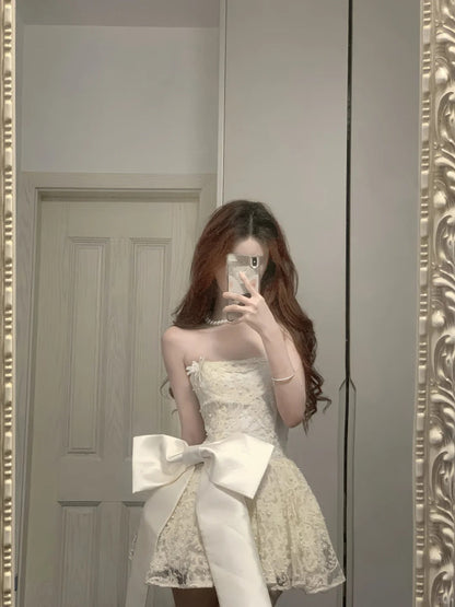 Cute Lace Pearl Bow Strapless A-Line Mini 17th Birthday Homecoming Dress P3570