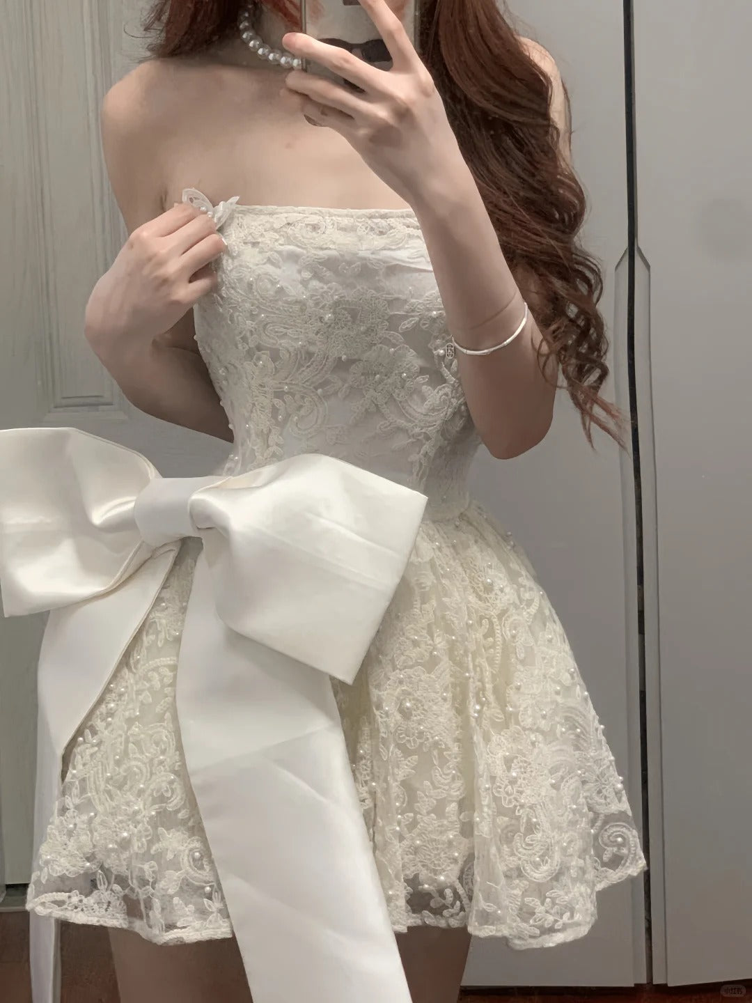 Cute Lace Pearl Bow Strapless A-Line Mini 17th Birthday Homecoming Dress P3570