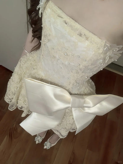 Cute Lace Pearl Bow Strapless A-Line Mini 17th Birthday Homecoming Dress P3570