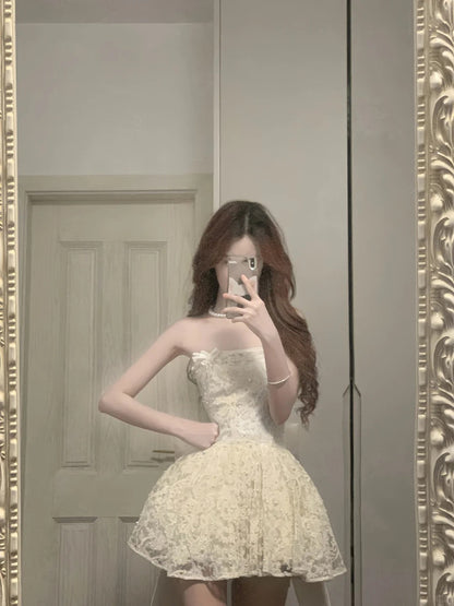 Cute Lace Pearl Bow Strapless A-Line Mini 17th Birthday Homecoming Dress P3570