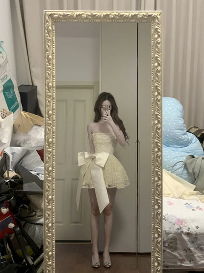 Cute Lace Pearl Bow Strapless A-Line Mini 17th Birthday Homecoming Dress P3570