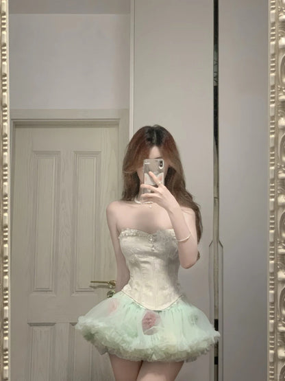 Fresh Green Tulle Herringbone Bustier Mini Homecoming Dress P3571