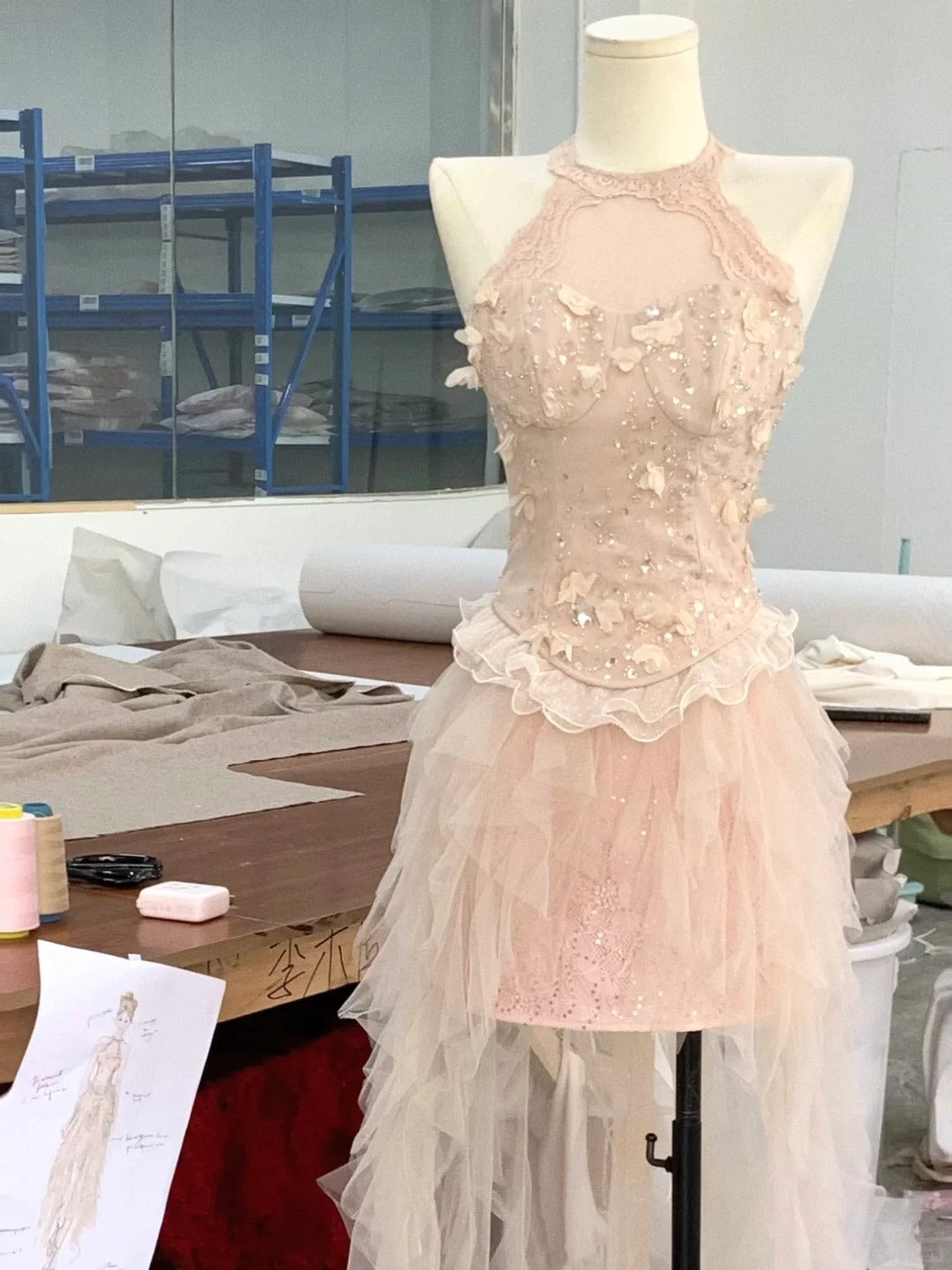 Cute Pink Off-the-shoulder Beaded Lace Tulle Princess 17th Birthday Homecoming Dress P3574