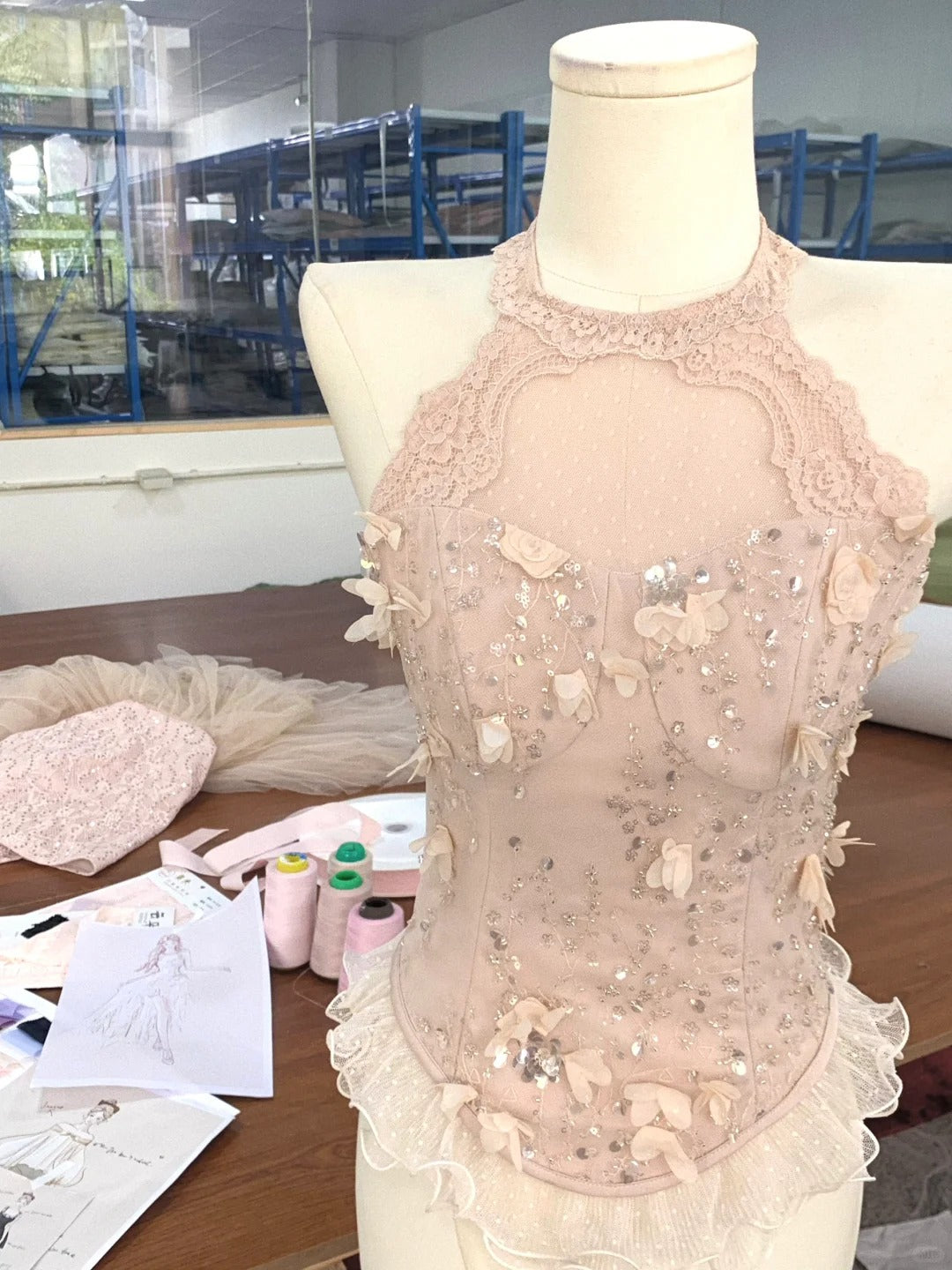 Cute Pink Off-the-shoulder Beaded Lace Tulle Princess 17th Birthday Homecoming Dress P3574