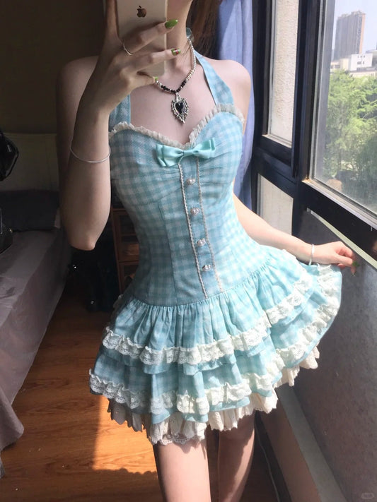 Sweet Halter Neck Blue Plaid Lace Trim Mini Homecoming Dress P3580