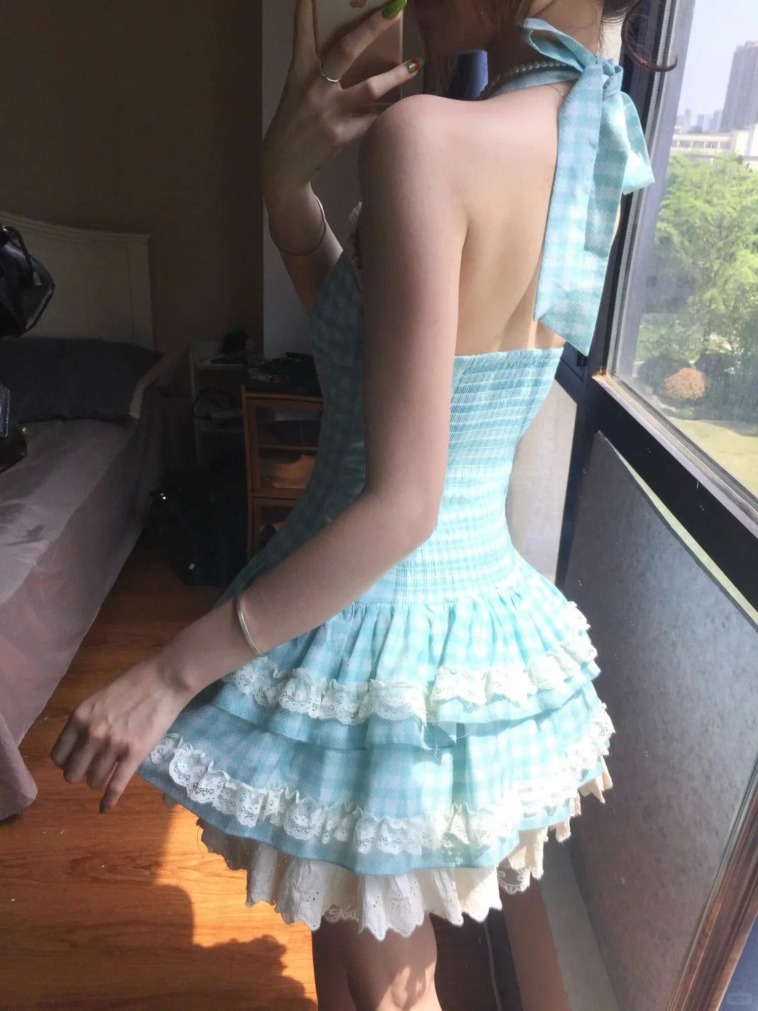 Sweet Halter Neck Blue Plaid Lace Trim Mini Homecoming Dress P3580
