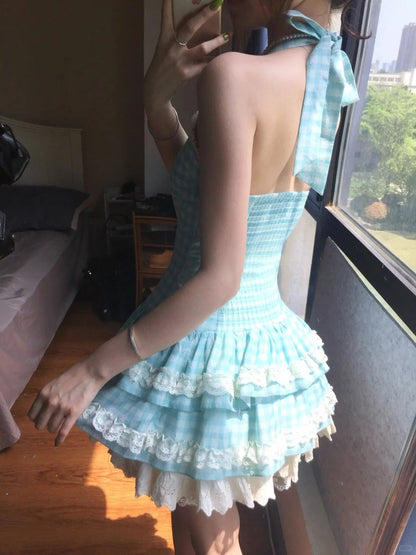 Sweet Halter Neck Blue Plaid Lace Trim Mini Homecoming Dress P3580