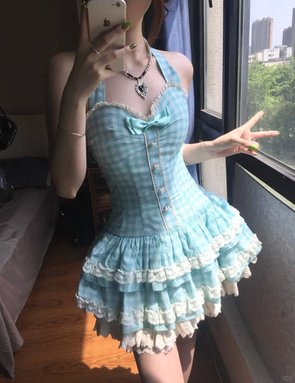 Sweet Halter Neck Blue Plaid Lace Trim Mini Homecoming Dress P3580