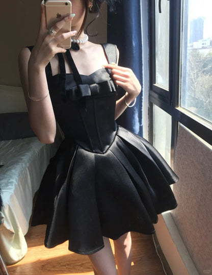 Cute Black Satin Bow A-Line Mini 17th Birthday Homecoming Dress P3582