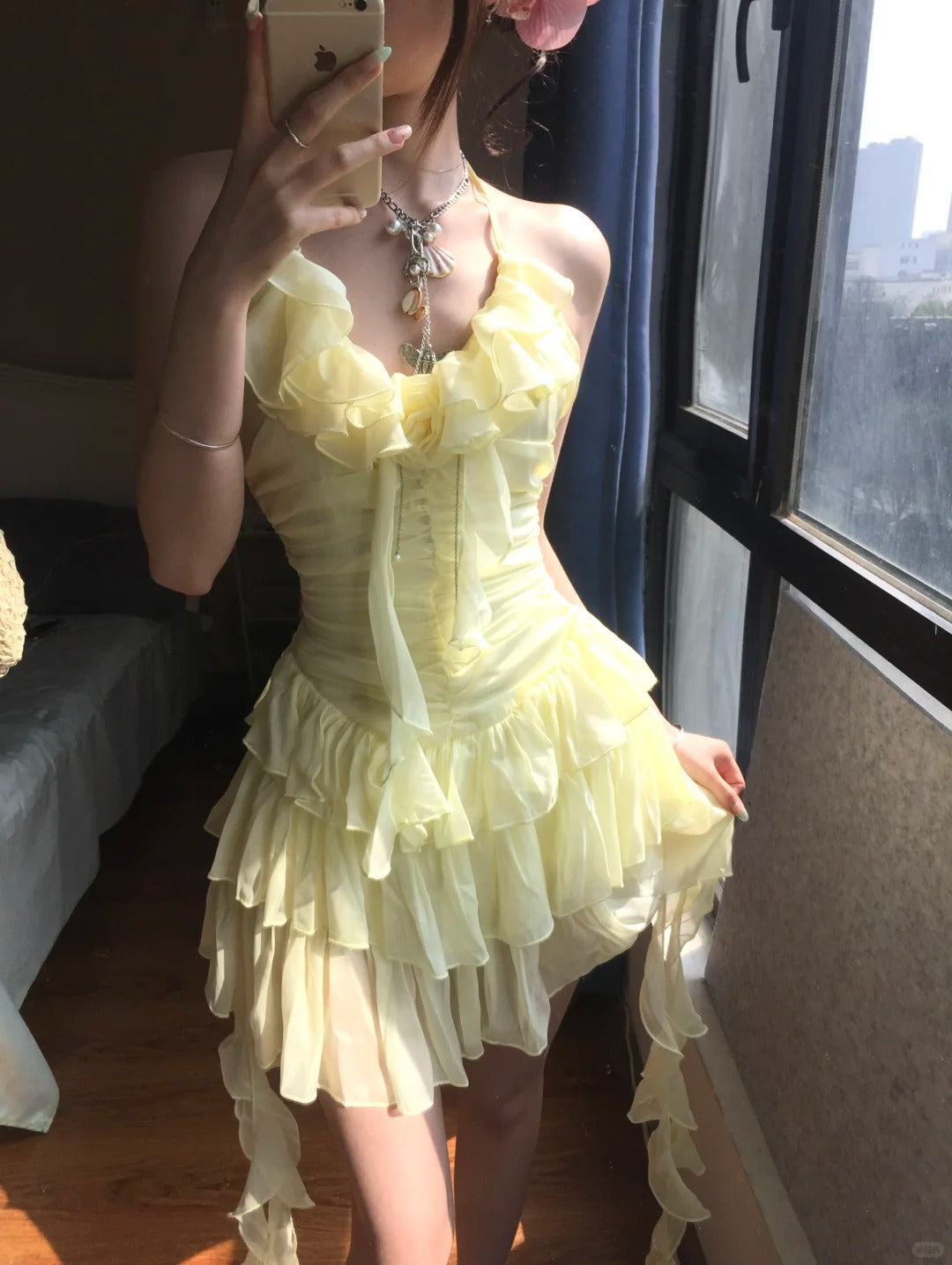 Flowy Yellow Chiffon Ruffle Mini 17th Birthday Homecoming Dress P3584