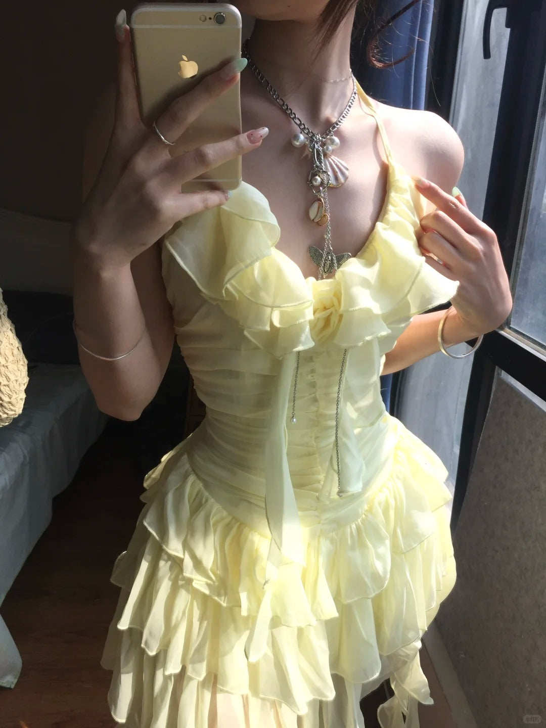 Flowy Yellow Chiffon Ruffle Mini 17th Birthday Homecoming Dress P3584