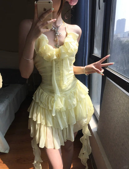 Flowy Yellow Chiffon Ruffle Mini 17th Birthday Homecoming Dress P3584
